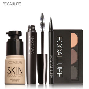 FOCALLURE 4 Pcs Makeup Set Eyebrow Powder Eyebrow Pencil Mascara Eyeliner Face Foundation Primer Set