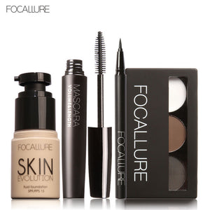 FOCALLURE 4 Pcs Makeup Set Eyebrow Powder Eyebrow Pencil Mascara Eyeliner Face Foundation Primer Set