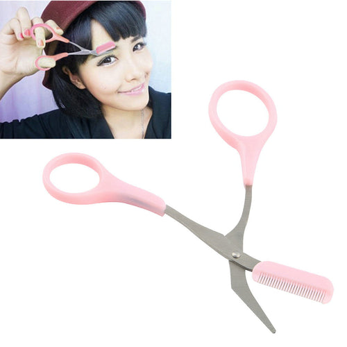 Girl Lady Pink Eyebrow Trimmer Eyelash Thinning Shears Comb Eyelash Hair Clips Scissors Shaping Eyebrow Grooming Cosmetic Tool