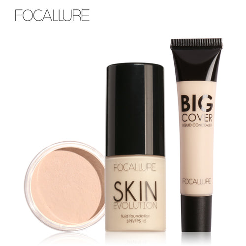FOCALLURE 3Pcs Face Makeup Set with Concealer Cream Foundation Cream and Setting Powder