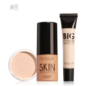 FOCALLURE 3Pcs Face Makeup Set with Concealer Cream Foundation Cream and Setting Powder
