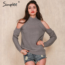 Simplee turtleneck off shoulder knitted sweater women Autumn fashion tricot pullover jumpers Winter sexy oversized sweater
