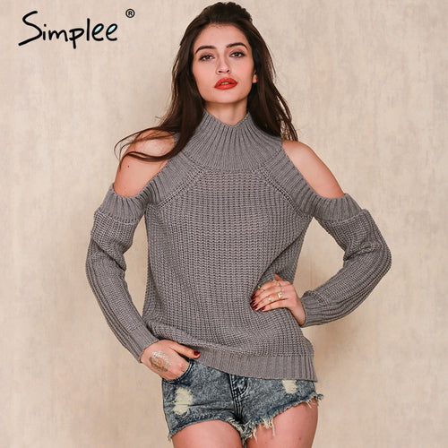 Simplee turtleneck off shoulder knitted sweater women Autumn fashion tricot pullover jumpers Winter sexy oversized sweater
