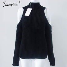 Simplee turtleneck off shoulder knitted sweater women Autumn fashion tricot pullover jumpers Winter sexy oversized sweater