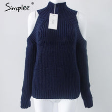 Simplee turtleneck off shoulder knitted sweater women Autumn fashion tricot pullover jumpers Winter sexy oversized sweater