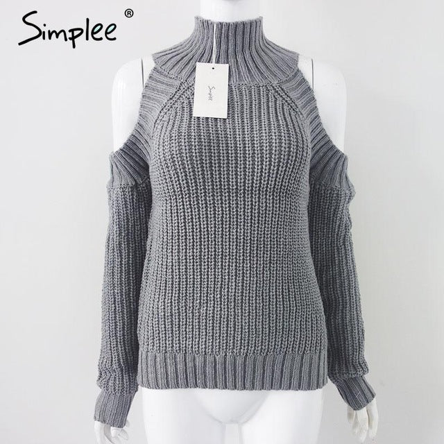 Simplee turtleneck off shoulder knitted sweater women Autumn fashion tricot pullover jumpers Winter sexy oversized sweater