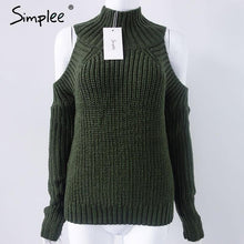 Simplee turtleneck off shoulder knitted sweater women Autumn fashion tricot pullover jumpers Winter sexy oversized sweater