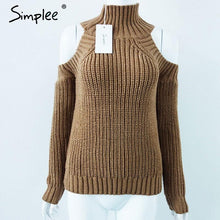 Simplee turtleneck off shoulder knitted sweater women Autumn fashion tricot pullover jumpers Winter sexy oversized sweater