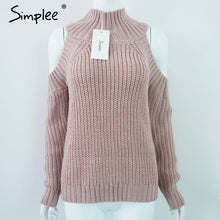 Simplee turtleneck off shoulder knitted sweater women Autumn fashion tricot pullover jumpers Winter sexy oversized sweater