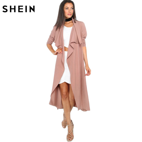 SHEIN Autumn Womens New Fashion Coffee Lapel Long Sleeve Trench Coat Open Front Tie Waist Casual Long Outerwear Windbreaker
