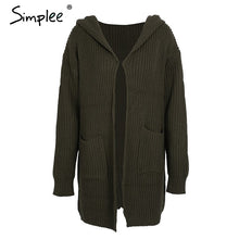 Simplee Hooded knitting long cardigan sweater Women jumper back lace up sweater Female coat 2017 warm knitted pocket outerwear