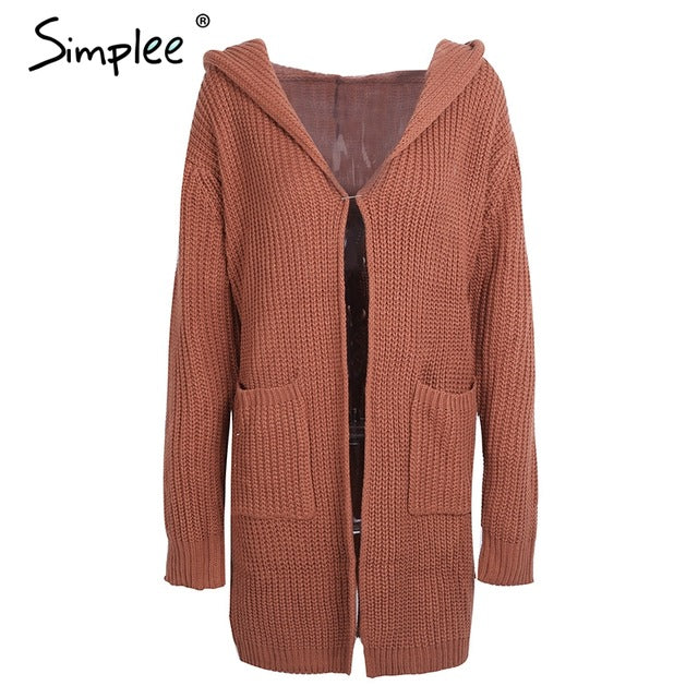 Simplee Hooded knitting long cardigan sweater Women jumper back lace up sweater Female coat 2017 warm knitted pocket outerwear