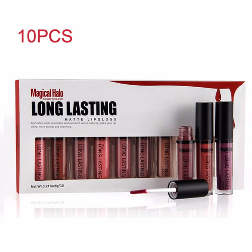 Magical Halo 10pcs/set Long Lasting Velvet Lip Gloss Pigment Waterproof Soft Texture Luster Matte Liquid Lipstick Makeup Tool
