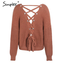 Simplee Sexy backless knitting pullover Fashion lace up autumn winter sweater women tops Casual hollow out jumper pull femme