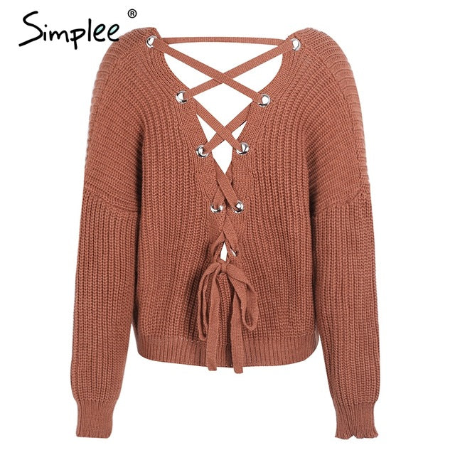 Simplee Sexy backless knitting pullover Fashion lace up autumn winter sweater women tops Casual hollow out jumper pull femme
