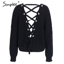 Simplee Sexy backless knitting pullover Fashion lace up autumn winter sweater women tops Casual hollow out jumper pull femme