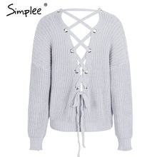 Simplee Sexy backless knitting pullover Fashion lace up autumn winter sweater women tops Casual hollow out jumper pull femme