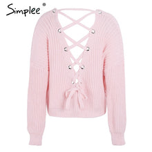 Simplee Sexy backless knitting pullover Fashion lace up autumn winter sweater women tops Casual hollow out jumper pull femme