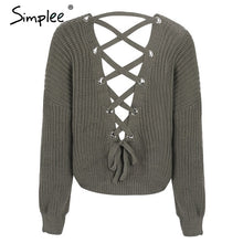 Simplee Sexy backless knitting pullover Fashion lace up autumn winter sweater women tops Casual hollow out jumper pull femme