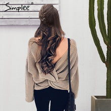 Simplee V neck sweater women loose long sleeve pull 2017 Fashion back bow soft pullovers thin sweaters jumper