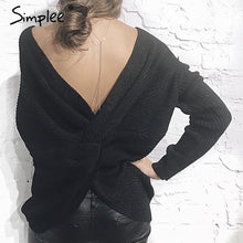 Simplee V neck sweater women loose long sleeve pull 2017 Fashion back bow soft pullovers thin sweaters jumper