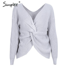 Simplee V neck sweater women loose long sleeve pull 2017 Fashion back bow soft pullovers thin sweaters jumper