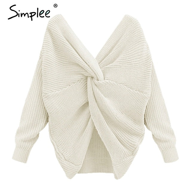 Simplee V neck sweater women loose long sleeve pull 2017 Fashion back bow soft pullovers thin sweaters jumper
