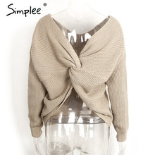 Simplee V neck sweater women loose long sleeve pull 2017 Fashion back bow soft pullovers thin sweaters jumper