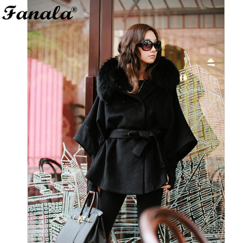 FANALA Women's Luxury Double Breasted Batwing Cape Poncho Coat Jacket Fur Collar Hooded N3020