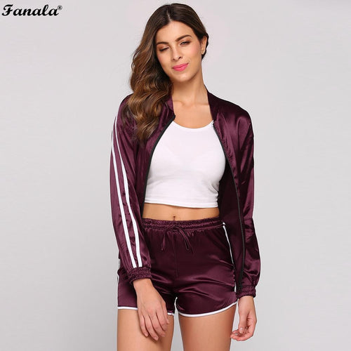 2018 Autumn Women Sporting Suits Two Piece Set Women Tracksuit Baseball Collar Patchwork Jacket Coat and Shorts Suit Set Tops