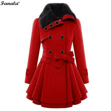 FANALA Stylish Lady Women Casual Long Sleeve Faux Fur Lapel Double-Breasted Thick Wool Coat Overcoat Jacket Trench OutwearN4020