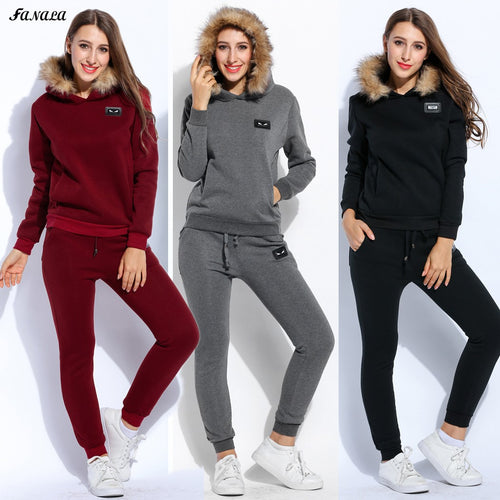 2018 Winter Tracksuits Women Thicken Sweatshirt Hoodies Solid Long Sleeve Pullovers Sweatshirt and Pants Set Slim Women Suit Top