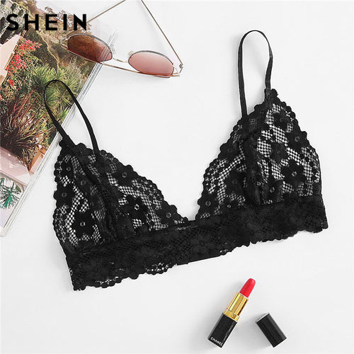 SHEIN Sexy Crop Tops Women Black Underwear Women Hollow Out Triangle Floral Sheer Lace Bralette Lingerie Crop Top
