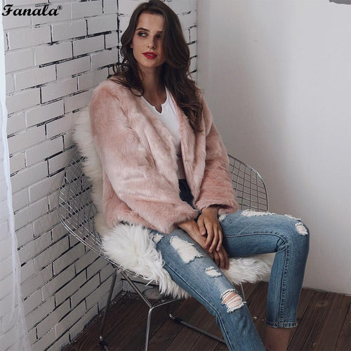 FANALA Elegant Faux Fur Coat Fluffy Open Front Jacket Outwear Winter Women Thick Warm Faux Fur Coats Pink White Black Plus Size