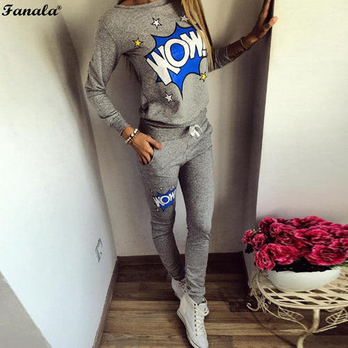 2018 Fashion 2 Piece Set Women Sweatshirt And Pants Suit Sexy Loose Sporting Style WOW Letter Print Casual Gray Tracksuit Jogger