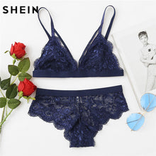 SHEIN Scalloped Edge Harness Bra & Brief Sets Women Blue Sexy Underwear Lingerie Set 2018 Summer Plain Bra & Brief Sets