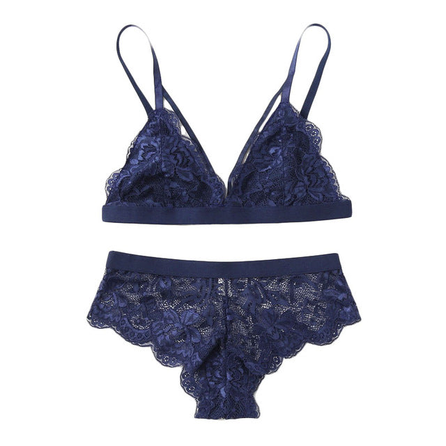 SHEIN Scalloped Edge Harness Bra & Brief Sets Women Blue Sexy Underwear Lingerie Set 2018 Summer Plain Bra & Brief Sets