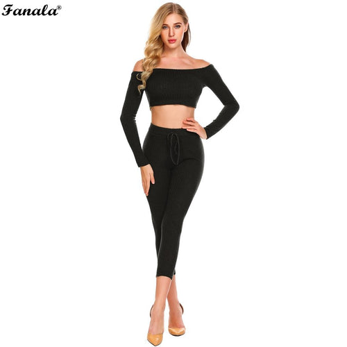 Fashion 2 Piece Set Women Off Shoulder Crop Top And Long Pants Suit Ladies Sexy Leisure Elastic Waist Sporting Tracksuit 2018