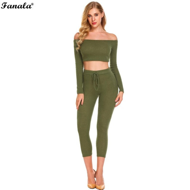 Fashion 2 Piece Set Women Off Shoulder Crop Top And Long Pants Suit Ladies Sexy Leisure Elastic Waist Sporting Tracksuit 2018