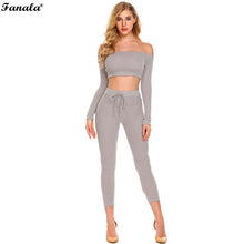 Fashion 2 Piece Set Women Off Shoulder Crop Top And Long Pants Suit Ladies Sexy Leisure Elastic Waist Sporting Tracksuit 2018