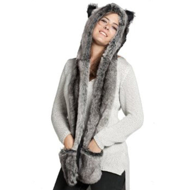 2018 Winter Warm Women&Men Kawaii Scarf Shawl Animal Faux Fur Ear Hat Fluffy Plush Cap Casual Cute Girl Hood Gloves Scarf Shawl
