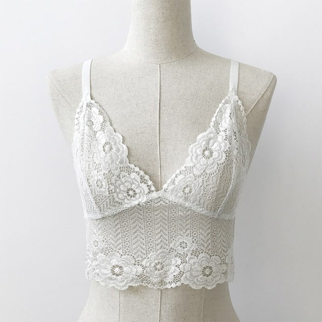 2018 Summer Women Sexy Bra Sets Lace Crochet Intimates Solid V Neck Wireless Unlined Lingerie Bralette Seamless Tops