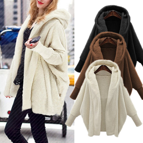 Women Winter Warm Faux Fur Coats 2018  Autumn Long Sleeve Hooded Oversized Top Solid Plush Loose Coat Jackets Tops Outerwear XXL