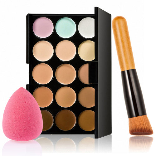 New Makeup Set 15 Color Concealer Palette+ Wood Oblique Foundation Brush + Water Droplet Puff Makeup Kit  FM88